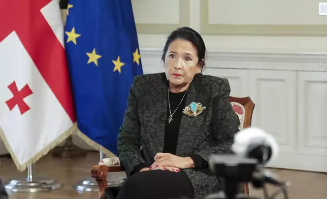 In this photo released by Administration of the President of Georgia, Georgian President Salome Zourabichvili speaks during her interview with the Associated Press after the parliamentary election in Tbilisi, Georgia, on Monday, Oct. 28, 2024. (Administration of the President of Georgia via AP)