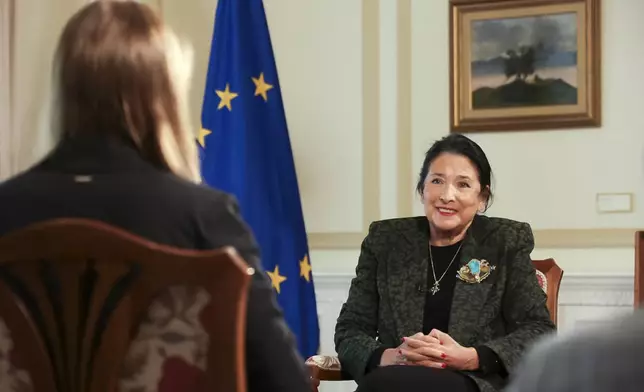 In this photo released by Administration of the President of Georgia, Georgian President Salome Zourabichvili speaks during her interview with the Associated Press after the parliamentary election in Tbilisi, Georgia, on Monday, Oct. 28, 2024. (Administration of the President of Georgia via AP)