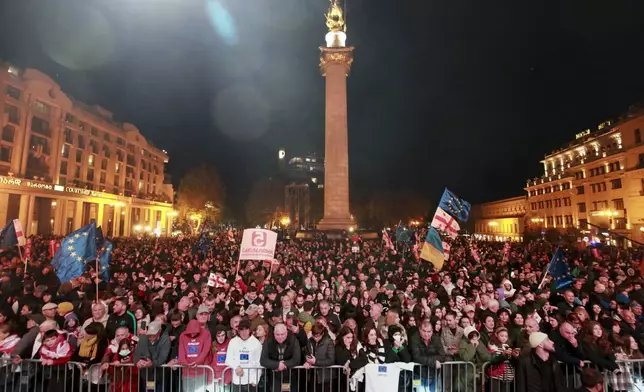 Demonstrators attend an opposition rally ahead upcoming next week parliamentary election in Tbilisi, Georgia, Sunday, Oct. 20, 2024. (AP Photo/Zurab Tsertsvadze)