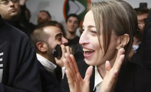 Nana Malashkhia, who leads the Coalition for Change parliament list, reacts at coalition's headquarters after polls closing at the parliamentary election in Tbilisi, Georgia, Saturday, Oct. 26, 2024. (AP Photo/Zurab Tsertsvadze)