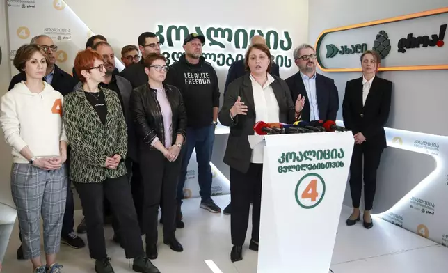 Elene Khoshtaria, chair of United National Movement, speaks to the media at the coalition's headquarters after the parliamentary election in Tbilisi, Georgia, early Sunday, Oct. 27, 2024. (AP Photo/Zurab Tsertsvadze)