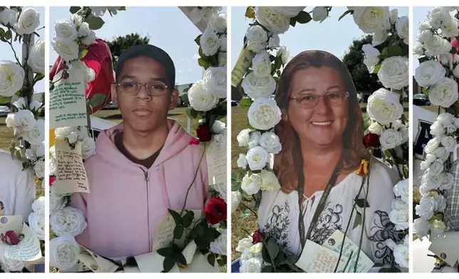 FILE - This combination of images show shooting victims, from left, Christian Angulo, Mason Schermerhorn, Cristina Irimie and Richard Aspinwall, displayed at a memorial outside Apalachee High School, Sept. 10, 2024, in Winder, Ga. (AP Photo/Charlotte Kramon, File)