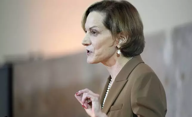 American journalist and historian Anne Applebaum delivers a speech after she was awarded the Peace Prize of the German Publishers and Booksellers Association during a ceremony at the St. Paul's Church in Frankfurt, Germany, Sunday, Oct. 20, 2024.(AP Photo/Martin Meissner, Pool)