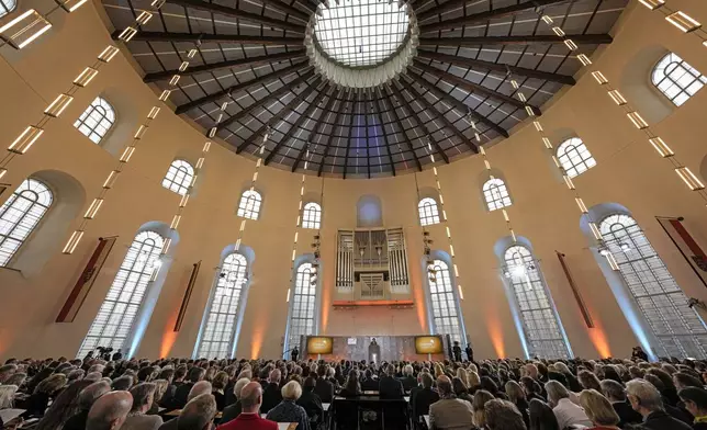 American journalist and historian Anne Applebaum delivers a speech after she was awarded the Peace Prize of the German Publishers and Booksellers Association during a ceremony at the St. Paul's Church in Frankfurt, Germany, Sunday, Oct. 20, 2024.(AP Photo/Martin Meissner, Pool)