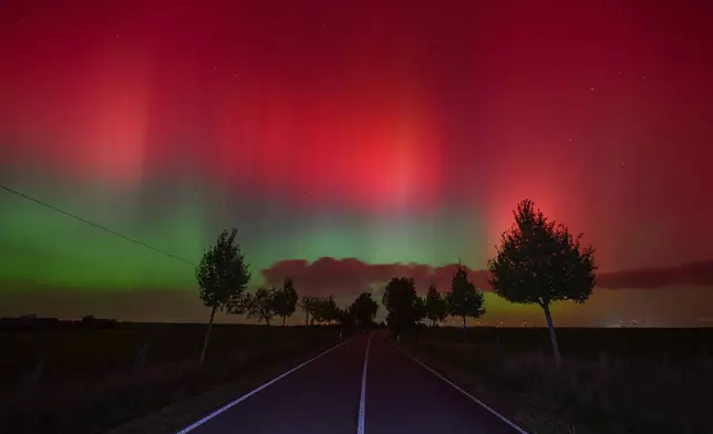 The Northern lights glow in the night sky above a road in Lietzen, eastern Germany. (Patrick Pleul/dpa via AP)