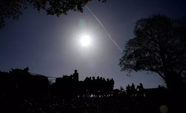 People in traditional costumes of the region take part at the traditional Leonhardi pilgrimage in Warngau near Munich, Germany, Sunday, Oct. 27, 2024. The annual pilgrimage honors St. Leonhard, patron saint of the highland farmers for horses and livestock. (AP Photo/Matthias Schrader)