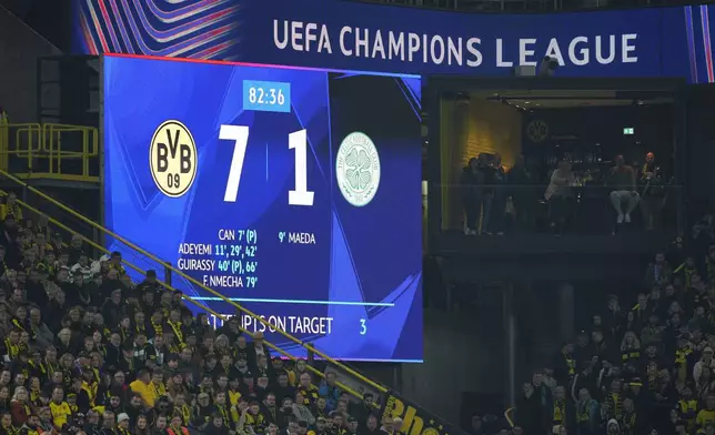 Dortmund fans watch the Champions League opening phase soccer match between Borussia Dortmund and Celtic FC at the BVB Stadion in Dortmund, Germany, Tuesday, Oct. 1, 2024. Dortmund won 7-1. (AP Photo/Martin Meissner)