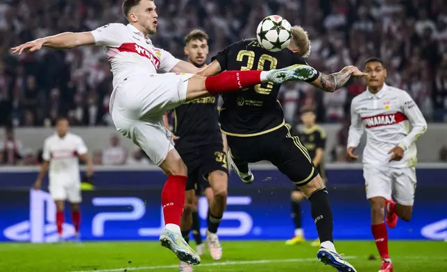 Stuttgart's Ermedin Demirovic, front left, and Prague's Jaroslav, front right, challenge for the ball during the Champions League opening phase soccer match between VfB Stuttgart and AC Sparta Praha in Stuttgart, Germany, Tuesday, Oct. 1, 2024. (Tom Weller/dpa via AP)