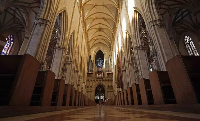 Interior view of Ulmer Münster, the world's tallest church, in Ulm, Germany, Wednesday, Sept. 18, 2024. (AP Photo/Matthias Schrader)