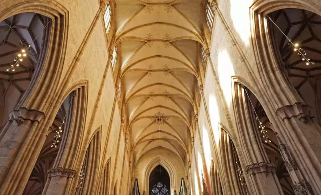 Interior view of Ulmer Münster, the world's tallest church, in Ulm, Germany, Wednesday, Sept. 18, 2024. (AP Photo/Matthias Schrader)