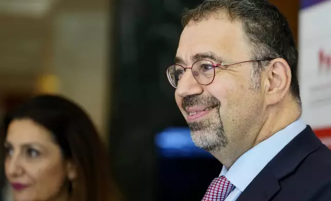 Economist Daron Acemoglu, 2024 Nobel prize winner in Economics, speaks to the media during a conference in Athens , Greece, Monday, Oct. 14, 2024. (AP Photo/Petros Giannakouris)