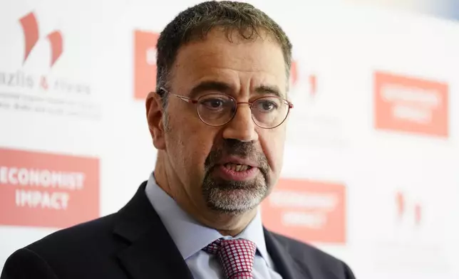 Economist Daron Acemoglu, 2024 Nobel prize winner in Economics, speaks to the media during a conference in Athens , Greece, Monday, Oct. 14, 2024. (AP Photo/Petros Giannakouris)