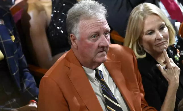 Larry Bird looks on during Basketball Hall of Fame enshrinement ceremonies, Sunday Oct. 13, 2024, in Springfield, Mass. (AP Photo/Jessica Hill)