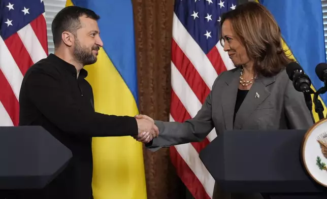 FILE - Vice President Kamala Harris meets with Ukraine's President Volodymyr Zelenskyy, Thursday, Sept. 26, 2024, in the vice president's ceremonial office inside the Eisenhower Executive Office Building on the White House complex in Washington. (AP Photo/Jacquelyn Martin,File)