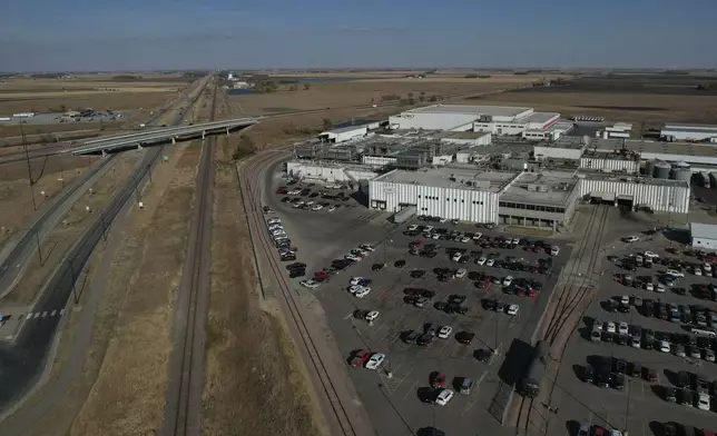 An aerial of the JBS Pork plant in Worthington, Minn., on Tuesday, Oct. 22, 2024. (AP Photo/Jessie Wardarski)