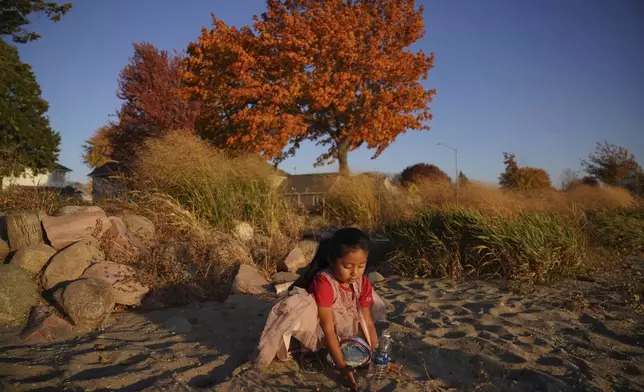 A girl from Guatemala plays in the sand on the shore of Okabena Lake in Worthington, Minn., on Sunday Oct. 20, 2024. (AP Photo/Jessie Wardarski)