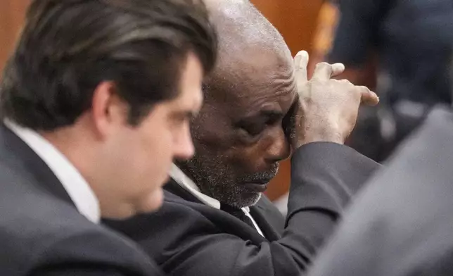 Former Houston Police officer Gerald Gaines listens to closing arguments in the punishment phase of his felony murder trial on Monday, Oct. 7, 2024 in Houston. Goines was found guilty of felony murder in the 2019 deaths of Dennis Tuttle and Rhogena Nicholas. (Brett Coomer/Houston Chronicle via AP)