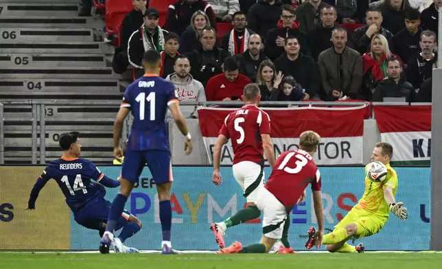 Hungary goalkeeper Denes Dibusz makes a save during the Nations League soccer match between Hungary and the Netherlands at the Puskas Arena in Budapest, Friday, Oct. 11, 2024. (AP Photo/Denes Erdos)