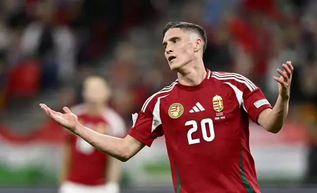 Hungary's Roland Sallai gestures during the Nations League soccer match between Hungary and the Netherlands at the Puskas Arena in Budapest, Friday, Oct. 11, 2024. (AP Photo/Denes Erdos)