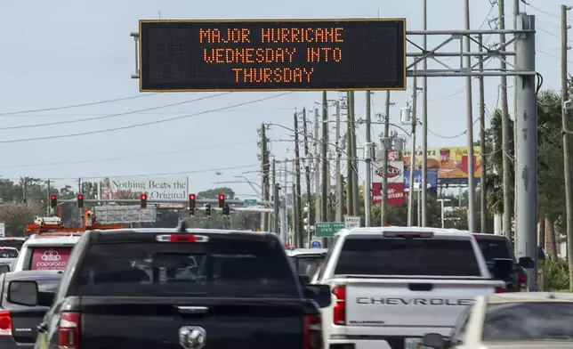 Highway signage announces the impending arrival of Hurricane Milton and the evacuations zones on Tuesday, Oct. 8, 2024, in Port Richey, Fla. (AP Photo/Mike Carlson)