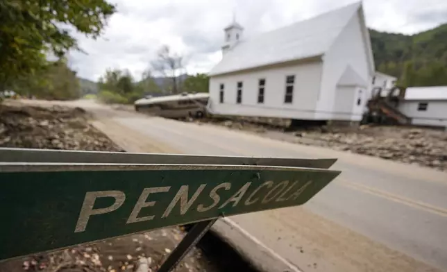 The town sign is seen in the aftermath of Hurricane Helene, Thursday, Oct. 3, 2024, in Pensacola, N.C. (AP Photo/Mike Stewart)