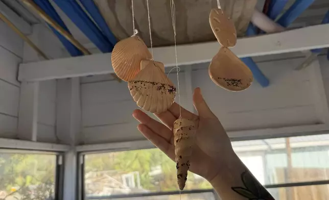 Maddie Kelley shows the high-water line left behind by Hurricane Helene on a seashell windchime at her family's home in Steinhatchee, Fla., Saturday, Sept. 28, 2024. (AP Photo/Kate Payne)