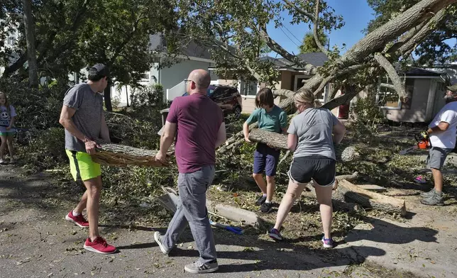 Neighbors help take down a tree felled by winds from Hurricane Milton, Sunday, Oct. 13, 2024, in Tampa, Fla. (AP Photo/Chris O'Meara)