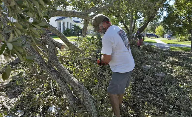 Brian Malone cuts down a tree, which fell during Hurricane Milton, outside a neighbor's home Sunday, Oct. 13, 2024, in Tampa, Fla. (AP Photo/Chris O'Meara)