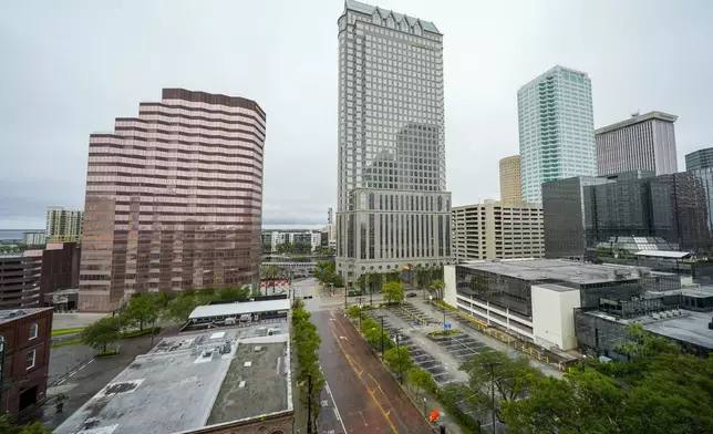 Downtown Tampa, Fla., is seen desolate ahead of the arrival of Hurricane Milton, Wednesday, Oct. 9, 2024. (AP Photo/Julio Cortez)