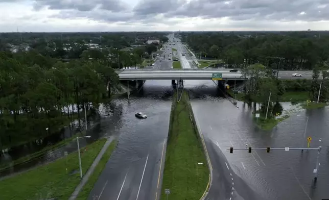 This image provided by the Hillsborough County Sheriff's Office shows an aerial view of the extensive flooding on Hillsborough Ave. in Tampa, Thursday, Oct. 10, 2024 after Hurricane Milton passed through the area. (Hillsborough County Sheriff's Office via AP)