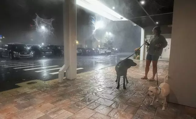 Amy Sapanara, of Pinellas, Fla., walks with her dogs, Frankie and Dudley, near the hotel where she's taking shelter during Hurricane Milton, Wednesday, Oct. 9, 2024, in Tampa, Fla. (AP Photo/Julio Cortez)