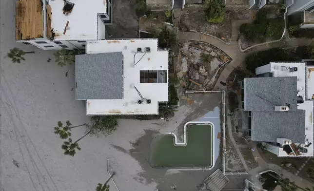 Hurricane Milton damage is seen to the beachfront condominium community of Bahia Vista Gulf, on the island of Venice, Fla., Friday, Oct. 11, 2024. (AP Photo/Rebecca Blackwell)