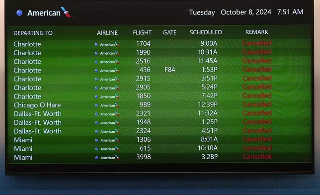 A message board at the Tampa International Airport shows all American Airlines departing flight canceled Tuesday, Oct. 8, 2024, in Tampa, Fla., due to the possible arrival of Hurricane Milton. (AP Photo/Chris O'Meara)