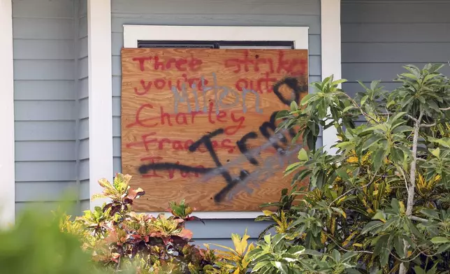 A sign on a home lists hurricane names in preparation for Hurricane Milton on Tuesday, Oct. 8, 2024, in New Port Richey, Fla. (AP Photo/Mike Carlson)