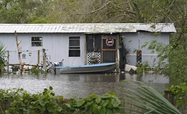 A flooded home, from Hurricane Milton is shown along the Alafia river Friday, Oct. 11, 2024, in Lithia, Fla. (AP Photo/Chris O'Meara)