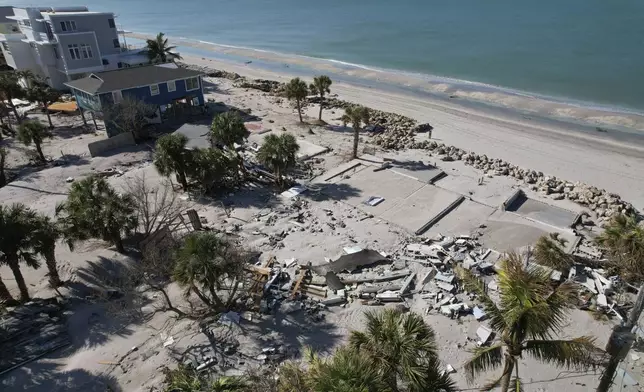 Bare foundations and debris are seen after buildings were swept away and destroyed in Hurricane Milton, on Manasota Key, in Englewood, Fla., Sunday, Oct. 13, 2024. (AP Photo/Rebecca Blackwell)