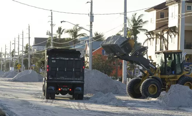 Public work employees remove sand that was pushed to the streets by wind and storm surge from Hurricane Milton, Friday, Oct. 11, 2024, in Fort Myers Beach, Fla. (AP Photo/Marta Lavandier)