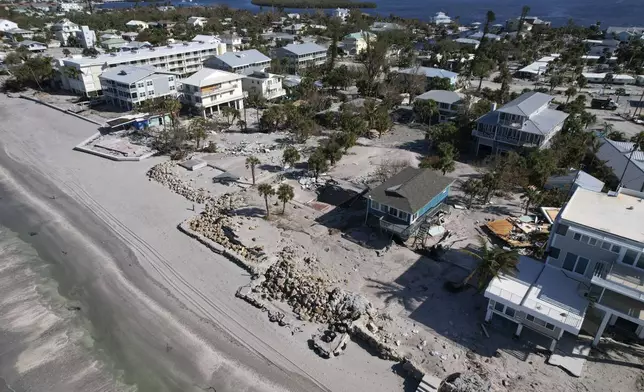 Empty lots and debris are seen after buildings were swept from their foundations and destroyed during Hurricane Milton, on Manasota Key, in Englewood, Fla., Sunday, Oct. 13, 2024. (AP Photo/Rebecca Blackwell)