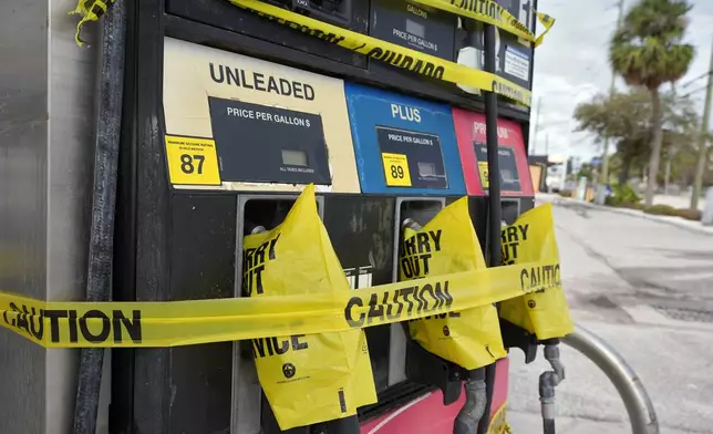 Gas pumps are covered at a station Monday, Oct. 7, 2024, in Clearwater Beach, Fla., ahead of the possible arrival of Hurricane Milton. (AP Photo/Chris O'Meara)