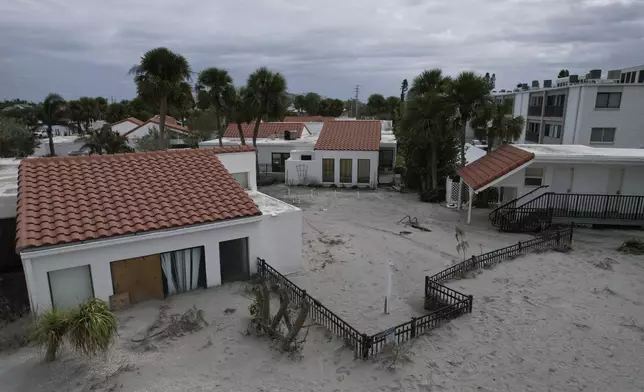 Sand swept by Hurricane Milton reaches half-way up the sliding doors of a beachfront villa, next to a pool deck where the 8 1/2 foot deep pool had disappeared under sand, at Jetty Villas on the island of Venice, Fla., Friday, Oct. 11, 2024. (AP Photo/Rebecca Blackwell)