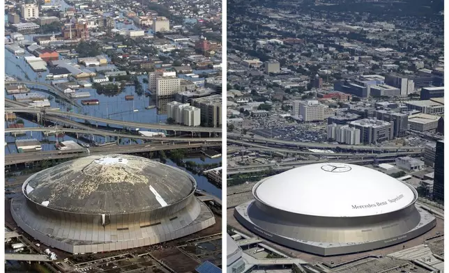 FILE - This combination of Aug. 30, 2005, left, and July 29, 2015, aerial photos shows downtown New Orleans and the Superdome flooded by Hurricane Katrina, left, and the same area a decade later. (AP Photo/David J. Phillip, left, and Gerald Herbert, File)