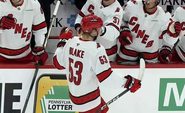 Carolina Hurricanes' Jackson Blake (53) returns to the bench after scoring during the first period of an NHL hockey game against the Pittsburgh Penguins, Friday, Oct. 18, 2024, in Pittsburgh. (AP Photo/Matt Freed)