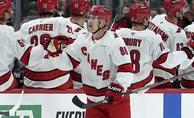 Carolina Hurricanes' Martin Necas (88) returns to the bench after scoring during the second period of an NHL hockey game against the Pittsburgh Penguins, Friday, Oct. 18, 2024, in Pittsburgh. (AP Photo/Matt Freed)