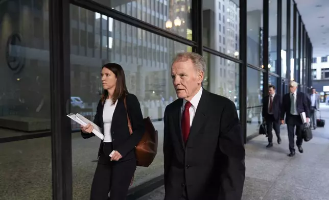 Former Illinois House Speaker Michael Madigan arrives at federal court where he is on trial for charges in a multimillion-dollar racketeering and bribery scheme Monday, Oct. 21, 2024, in Chicago. (AP Photo/Erin Hooley)