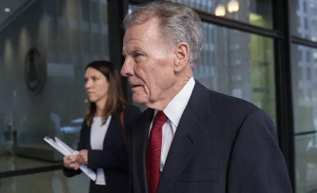 Former Illinois House Speaker Michael Madigan arrives at federal court where he is on trial for charges in a multimillion-dollar racketeering and bribery scheme Monday, Oct. 21, 2024, in Chicago. (AP Photo/Erin Hooley)