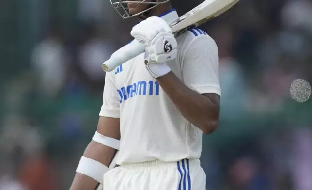 India's Yashasvi Jaiswal on the fifth and final day of the second cricket test match between Bangladesh and India in Kanpur, India, Tuesday, October 1, 2024. (AP Photo/Ajit Solanki)