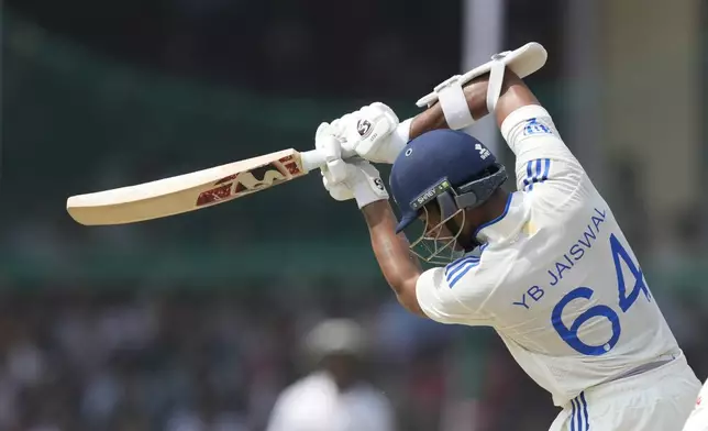 India's Yashasvi Jaiswal plays a shot on the fifth and final day of the second cricket test match between Bangladesh and India in Kanpur, India, Tuesday, October 1, 2024. (AP Photo/Ajit Solanki)