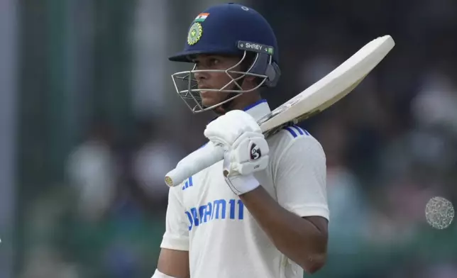 India's Yashasvi Jaiswal on the fifth and final day of the second cricket test match between Bangladesh and India in Kanpur, India, Tuesday, October 1, 2024. (AP Photo/Ajit Solanki)