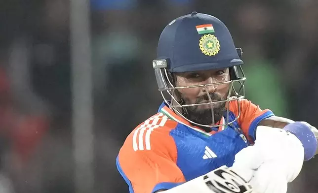 India's Hardik Pandya plays a shot during the third and final T20 cricket match between Bangladesh and India in Hyderabad, India, Saturday, Oct. 12, 2024. (AP Photo/Mahesh Kumar A.)