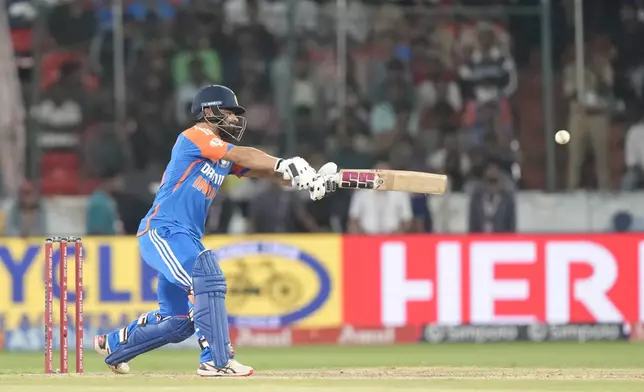 India's Rinku Singh plays a shot during the third and final T20 cricket match between Bangladesh and India in Hyderabad, India, Saturday, Oct. 12, 2024. (AP Photo/Mahesh Kumar A.)